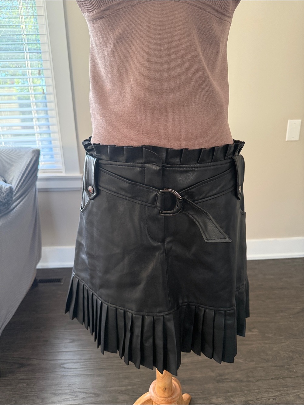 Zara Black Faux Leather Pleated-Hem Midi Skirt with D-Ring Belt